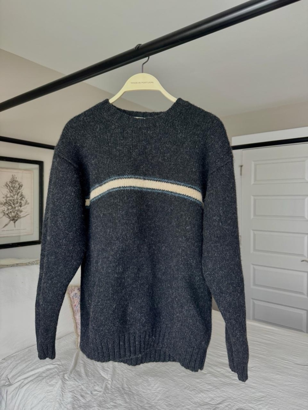 J. Crew Men's Dark Gray Wool Crewneck Sweater with Cream Stripe